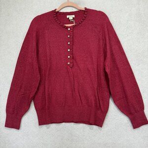 Sundance Sweater Womens Large Red Henley Ruffle Neck Raglan Wool Blend Pullover